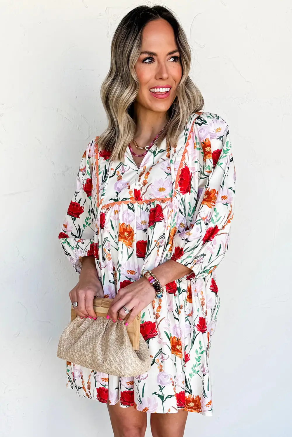 Layered Detail Floral Printed Puff Sleeve Mini Dress