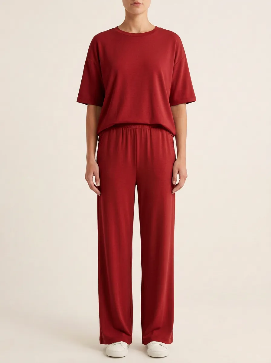 Women's Short-Sleeve Drop-Shoulder Crewneck Top And Wide-Leg Trouser Lounge Set