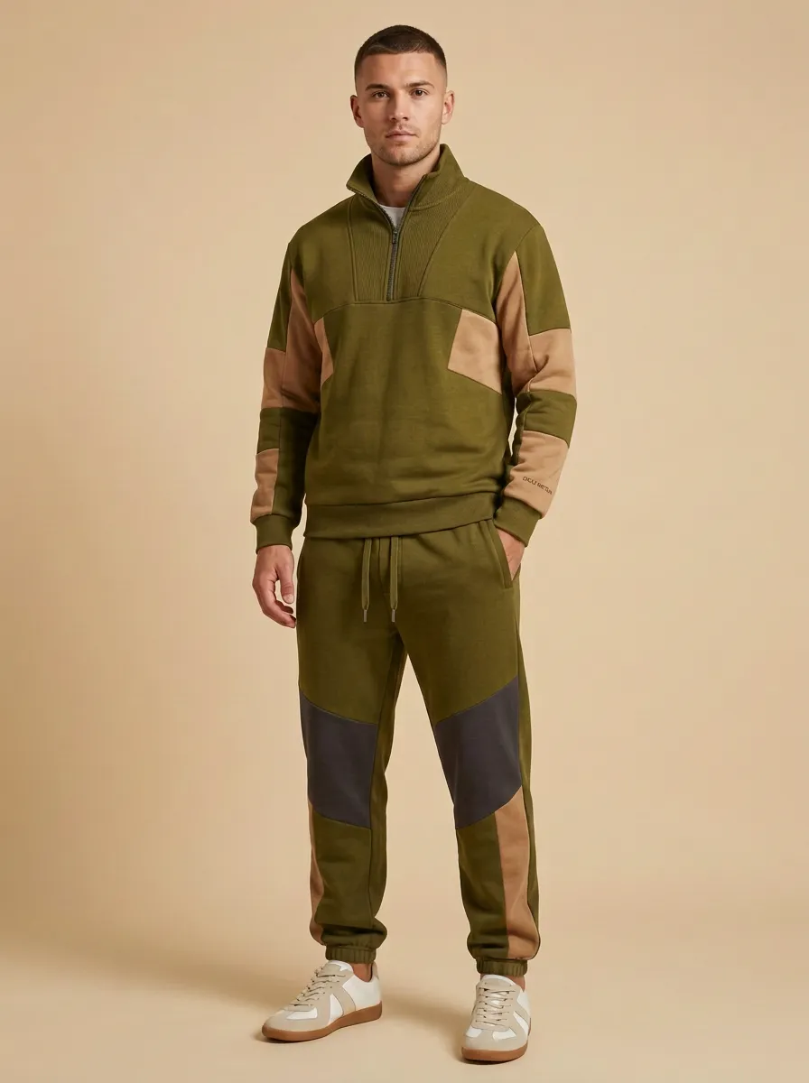 Men's Casual Sportswear Colorblock Quarter-Zip Print Jogger Set