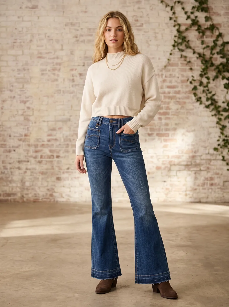 Women's Vintage Style High-Waisted Raw Hem Flared Denim Jeans