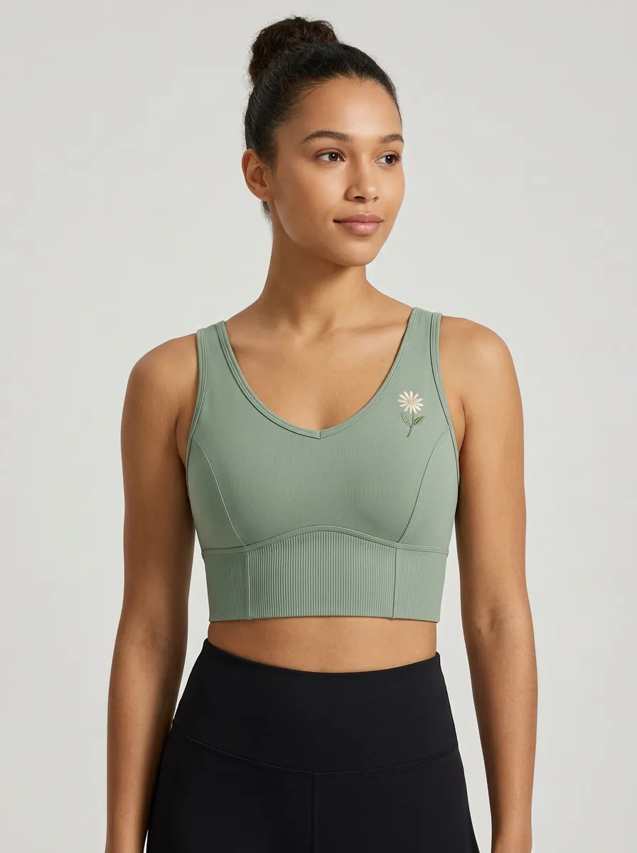 Women's Daisy-Embroidered V-Neck Reinforced-Trim Sports Bra