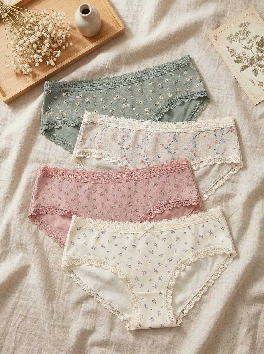Women's Lace Trim Floral Printed Vintage 4-Pack Panty Set