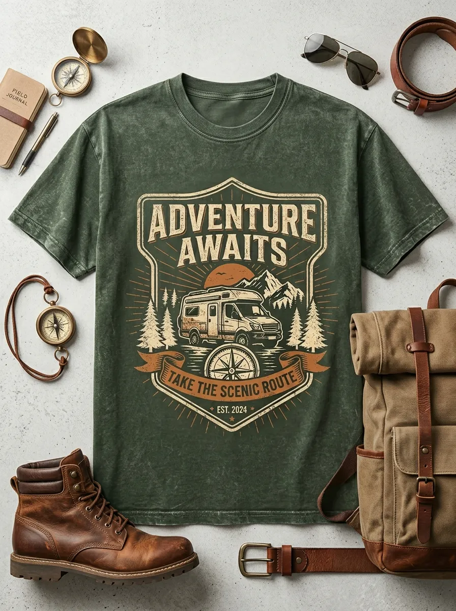 Unisex Adventure Camper Mountain Compass Printed T-shirt