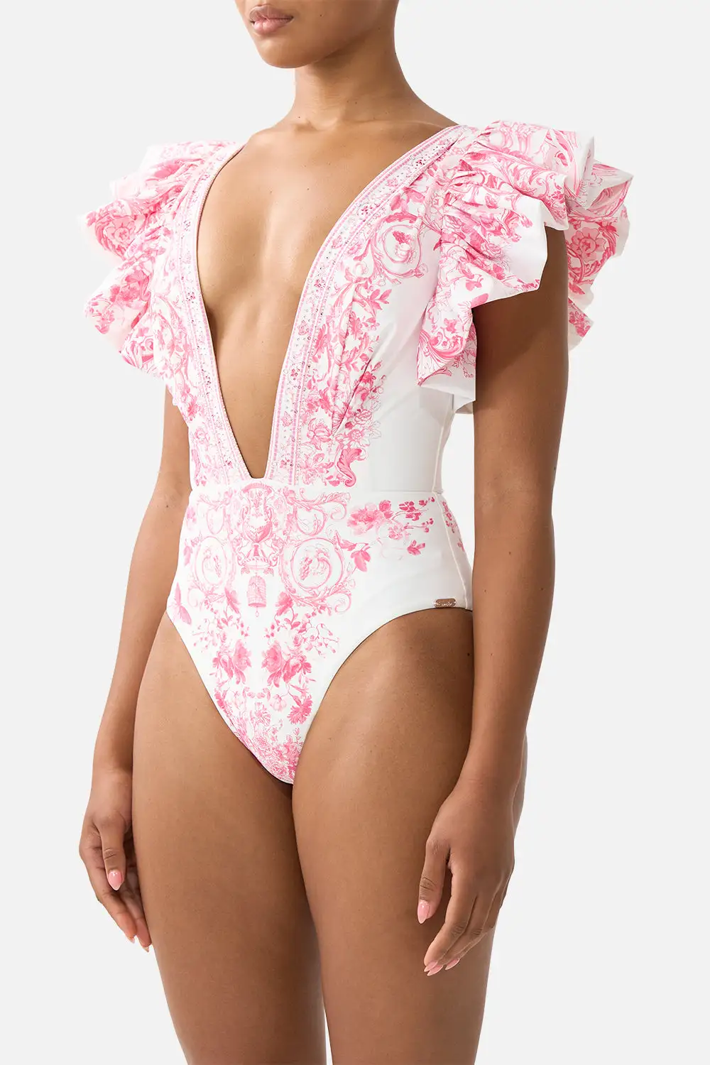 Plunge One-Piece Swimsuit with Pleated Ruffle Sleeves