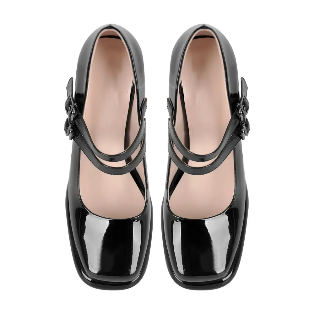Patent Finish Square Toe Low Platform Chunky Heel Buckle Strap Pumps