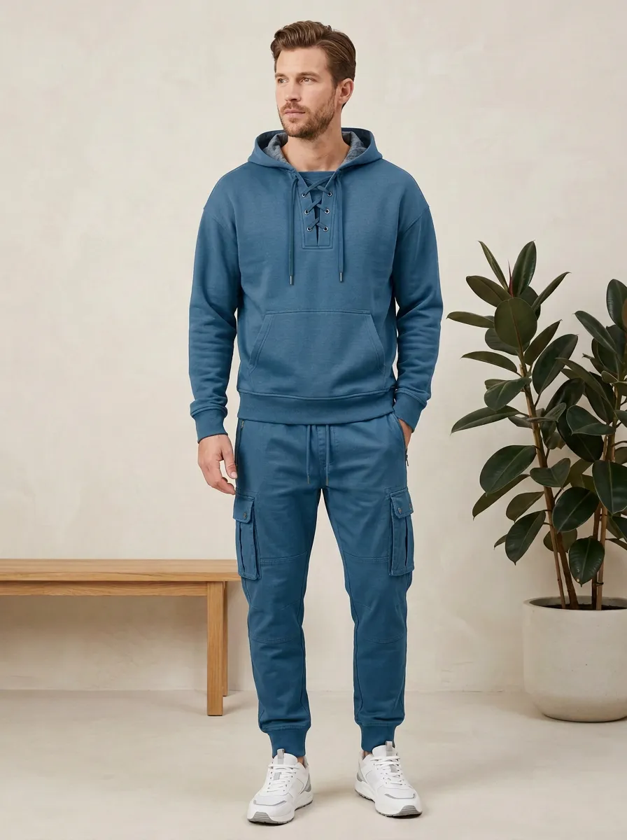 Functional Lace-Up Multi Pocket Daily Wear Men's Lace Up Hoodie And Cargo Jogger Set