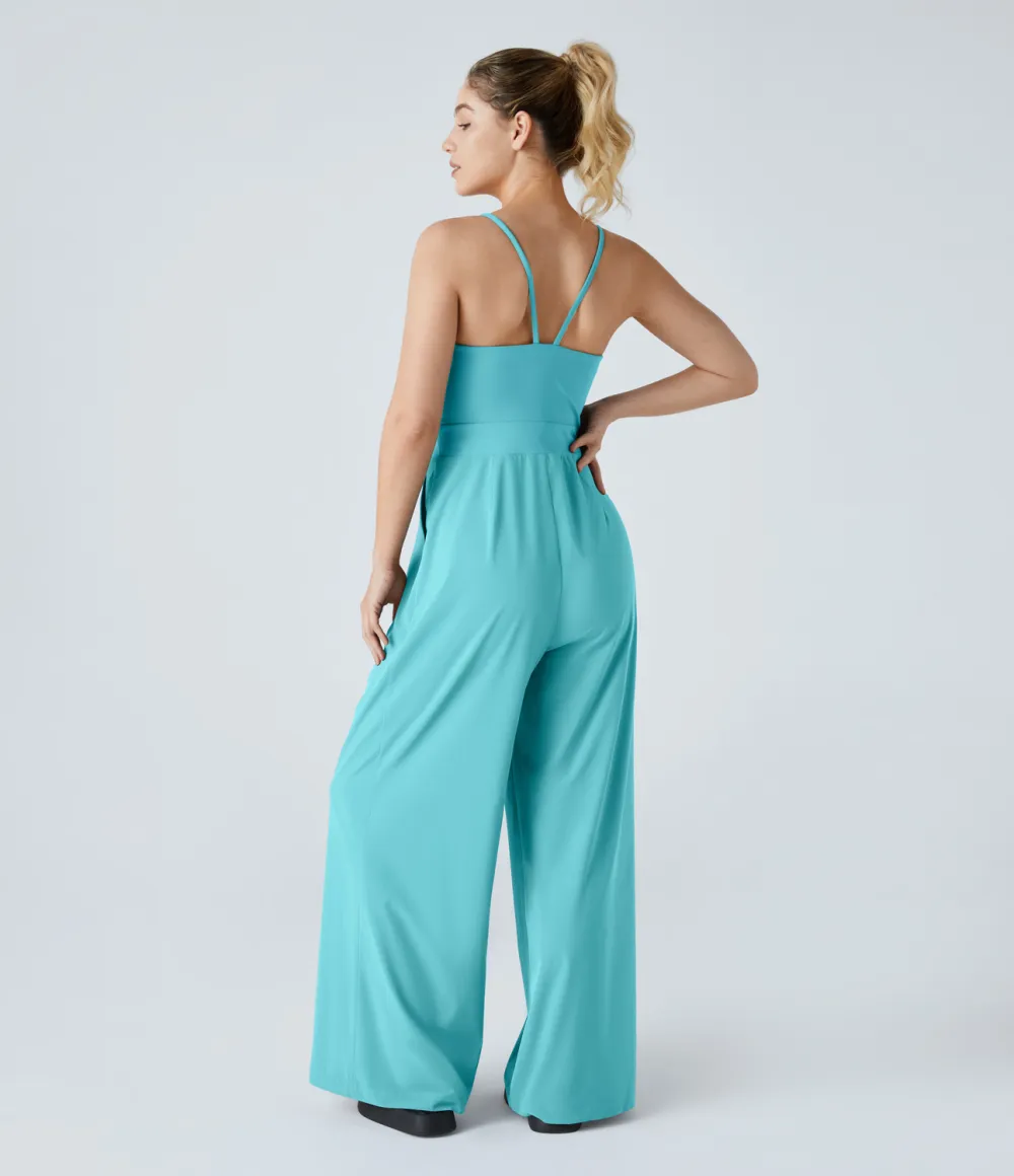 Breezeful Backless Side Invisible Zipper Pocket Wide Leg Quick Dry Resort Slip Jumpsuit