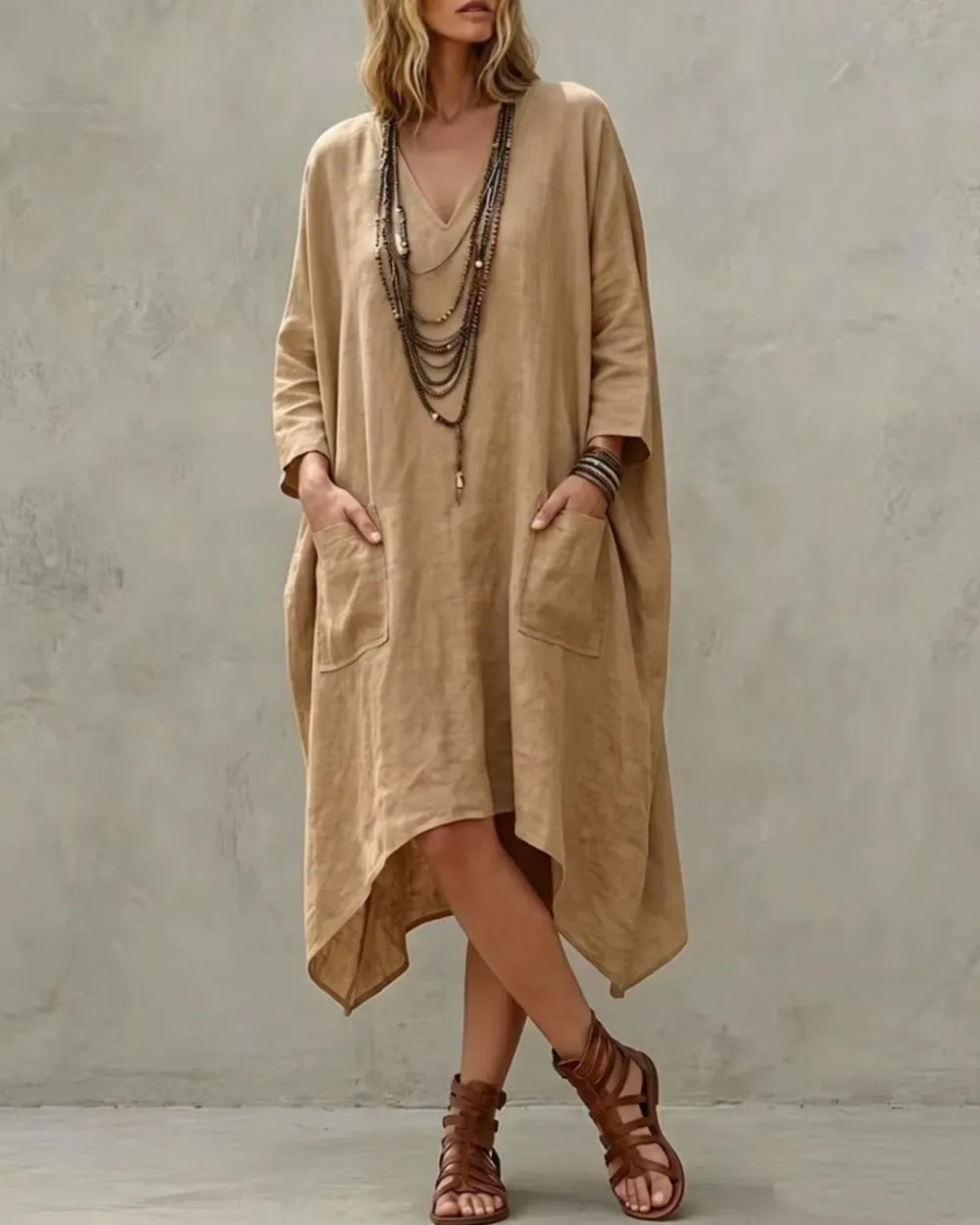Relaxed V-Neck Asymmetrical Dress