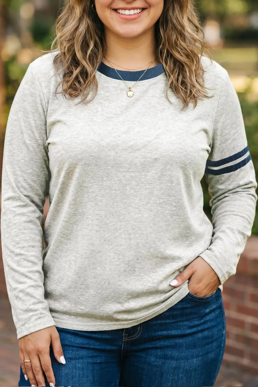 Striped Round Neck Denim Accent Relaxed Long Sleeve Top