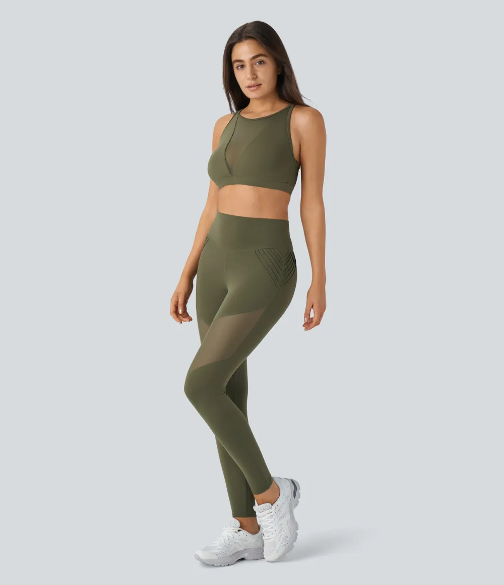 Softlyzero High Waisted Back Pocket Contrast Mesh 7/8 Yoga Leggings-UPF50+