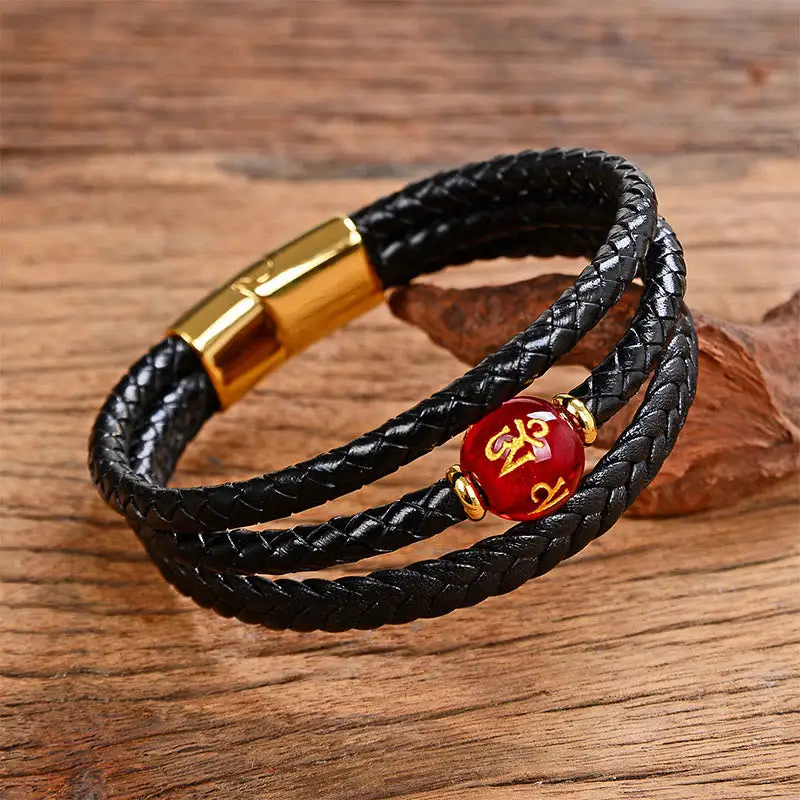 Bead Tiger Eye Amethyst Craved Leather Bracelet