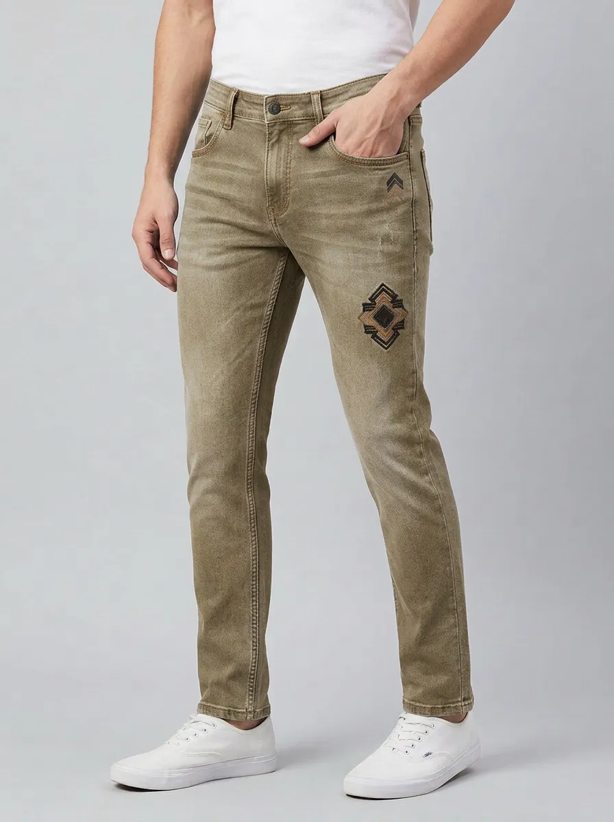 Men's Geometric Pattern Embroidered Printed Slim-Fit Jeans
