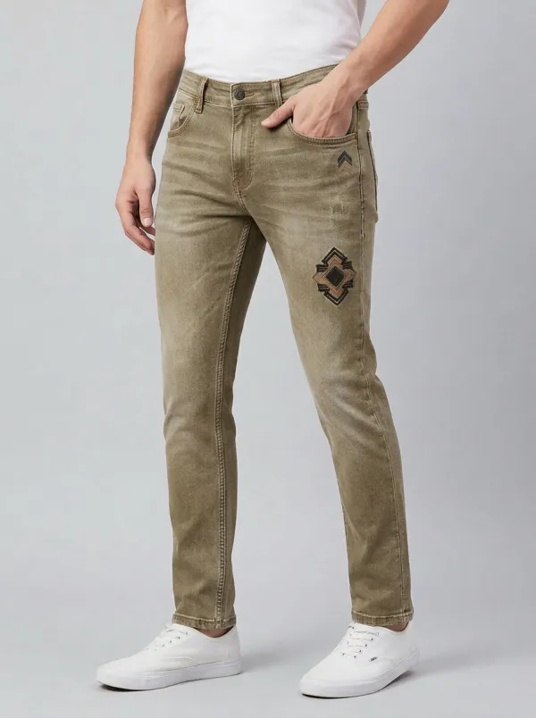 Men's Geometric Pattern Embroidered Printed Slim-Fit Jeans