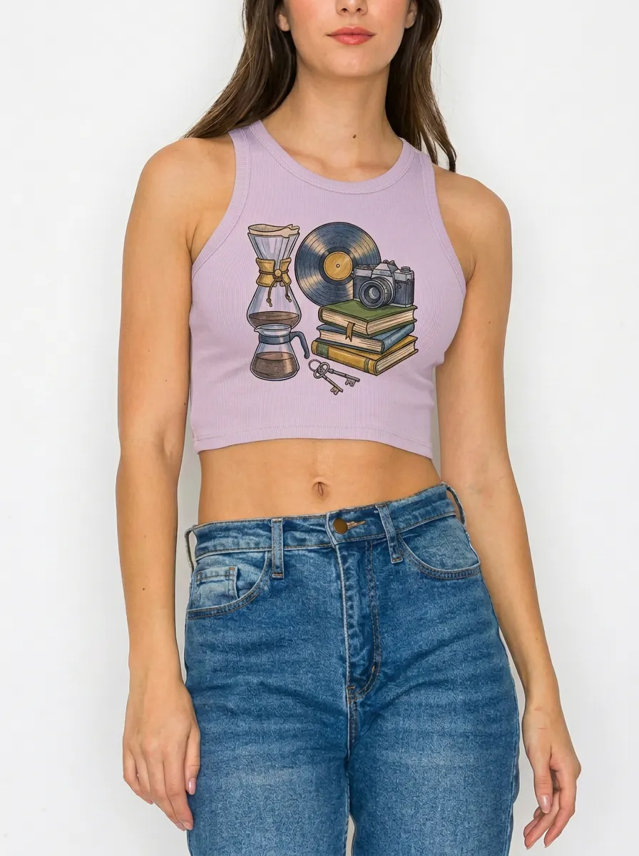 Women's Coffee Vinyl Camera Book Graphic Ribbed Crop Tank Top