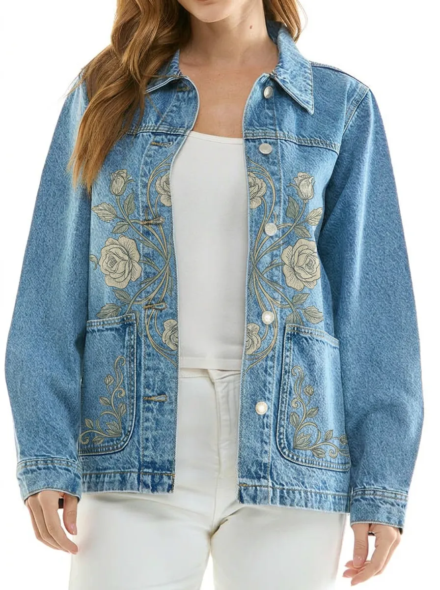 Women's Front Panel Floral Lover Vintage Rose Denim Jacket