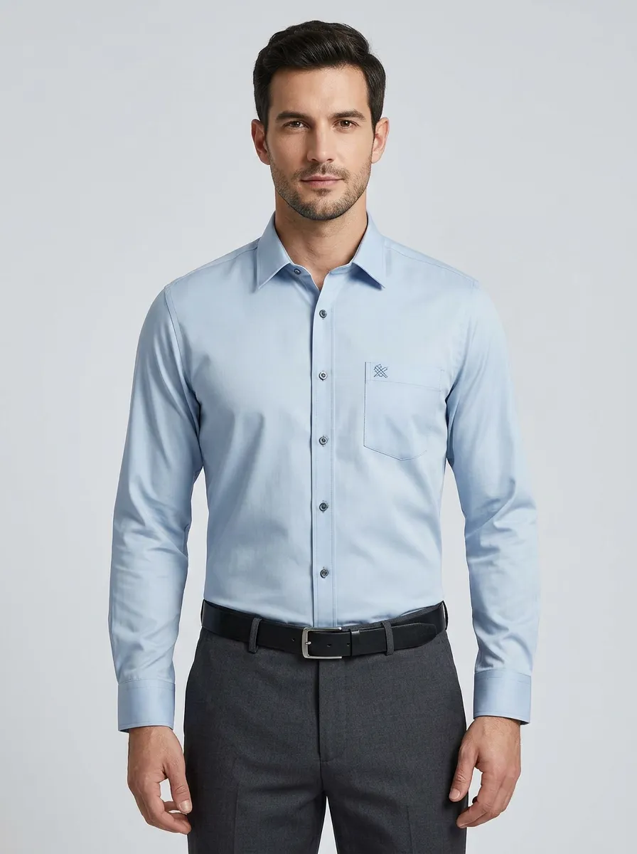 Men's Non-Iron Cotton Logo Embroidered Light Blue Dress Shirt