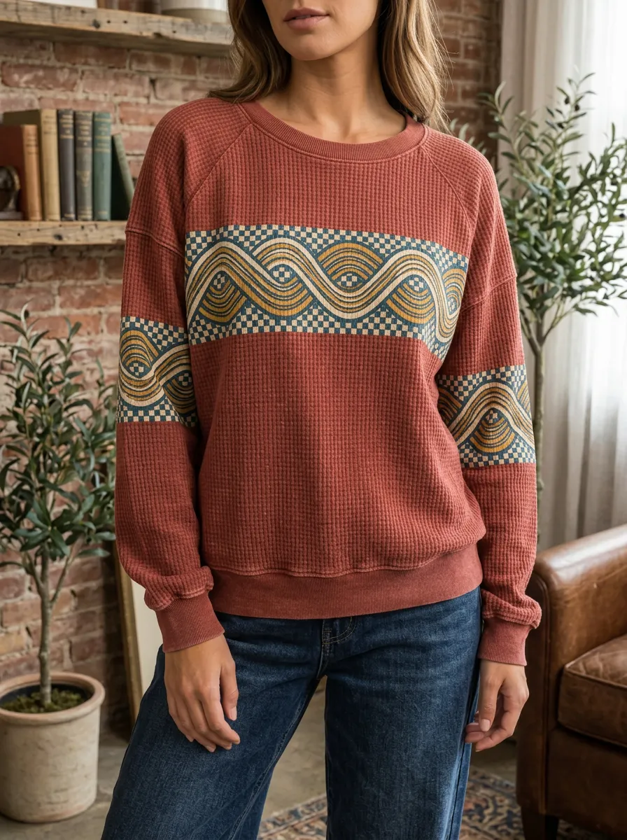Women's Boho Geometric Wave Pattern Printed Waffle Knit Sweatshirt