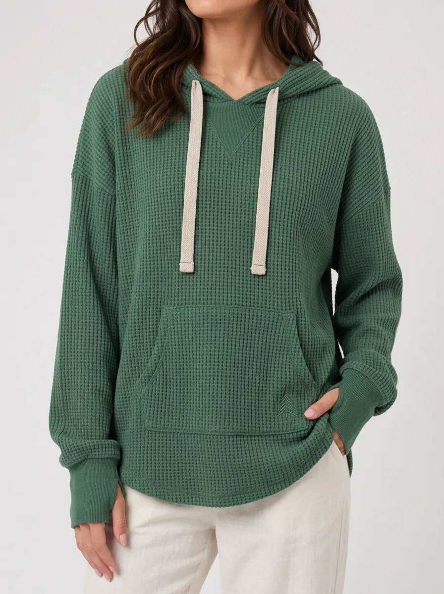 Women's Green Waffle Knit Pine Tree Embroidered Hoodie