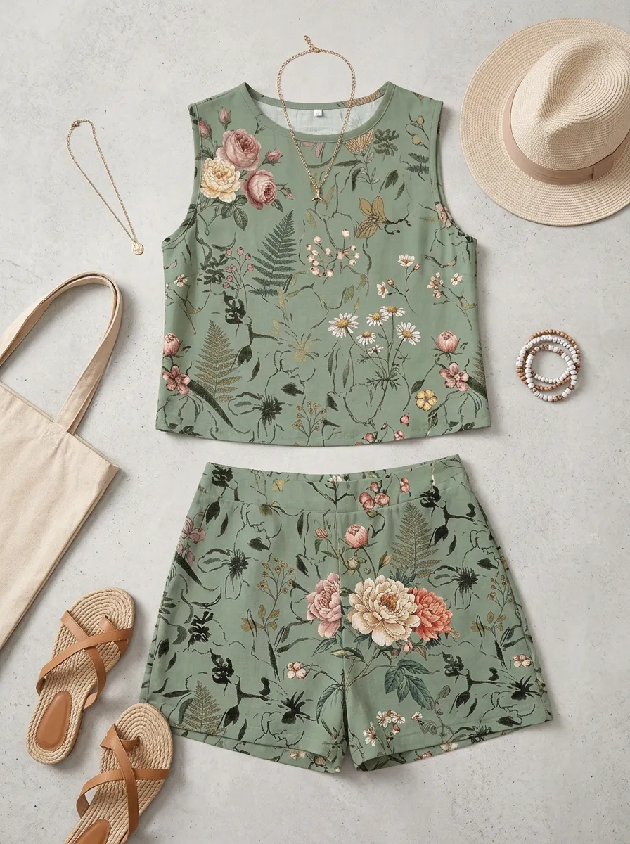 Women's Botanical Garden Floral Printed Sleeveless Shorts Set