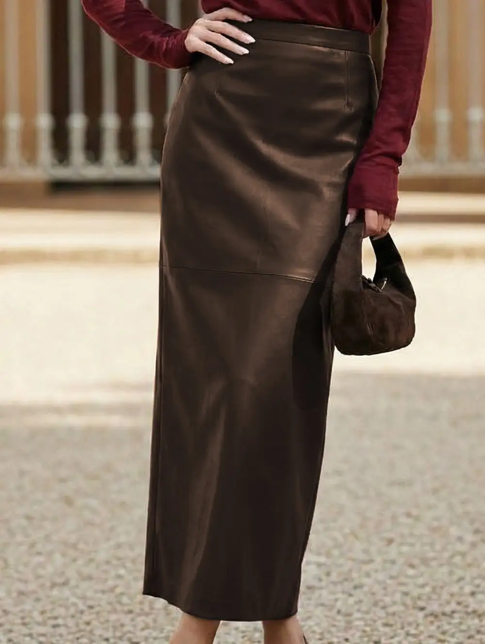 Leather Look Pencil Slit Midi Skirt