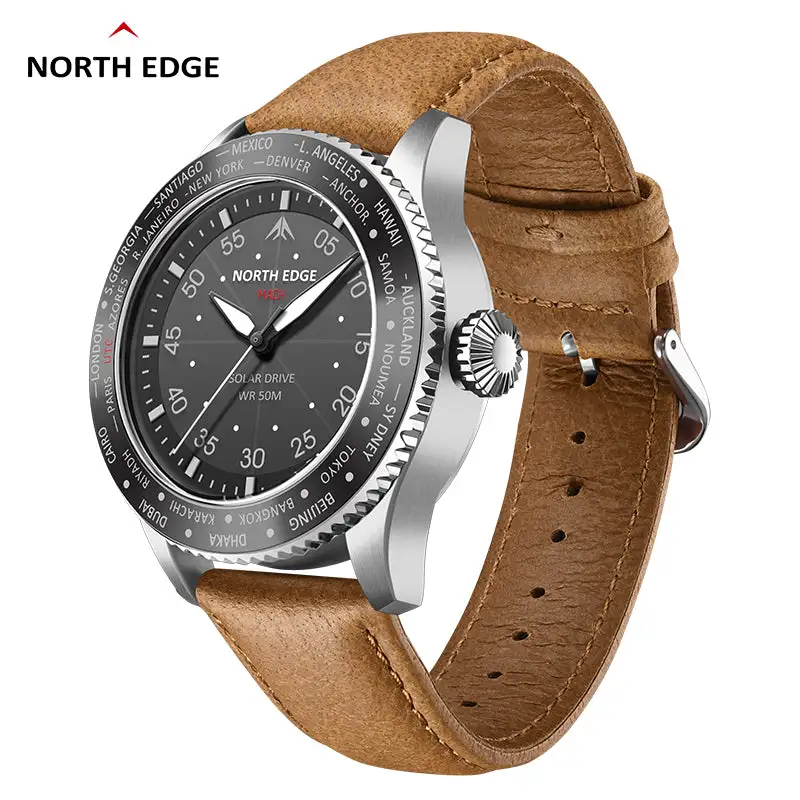 North Edge Quartz watch pilot solar watch with brown strap MACH-Never needs a battery replacement