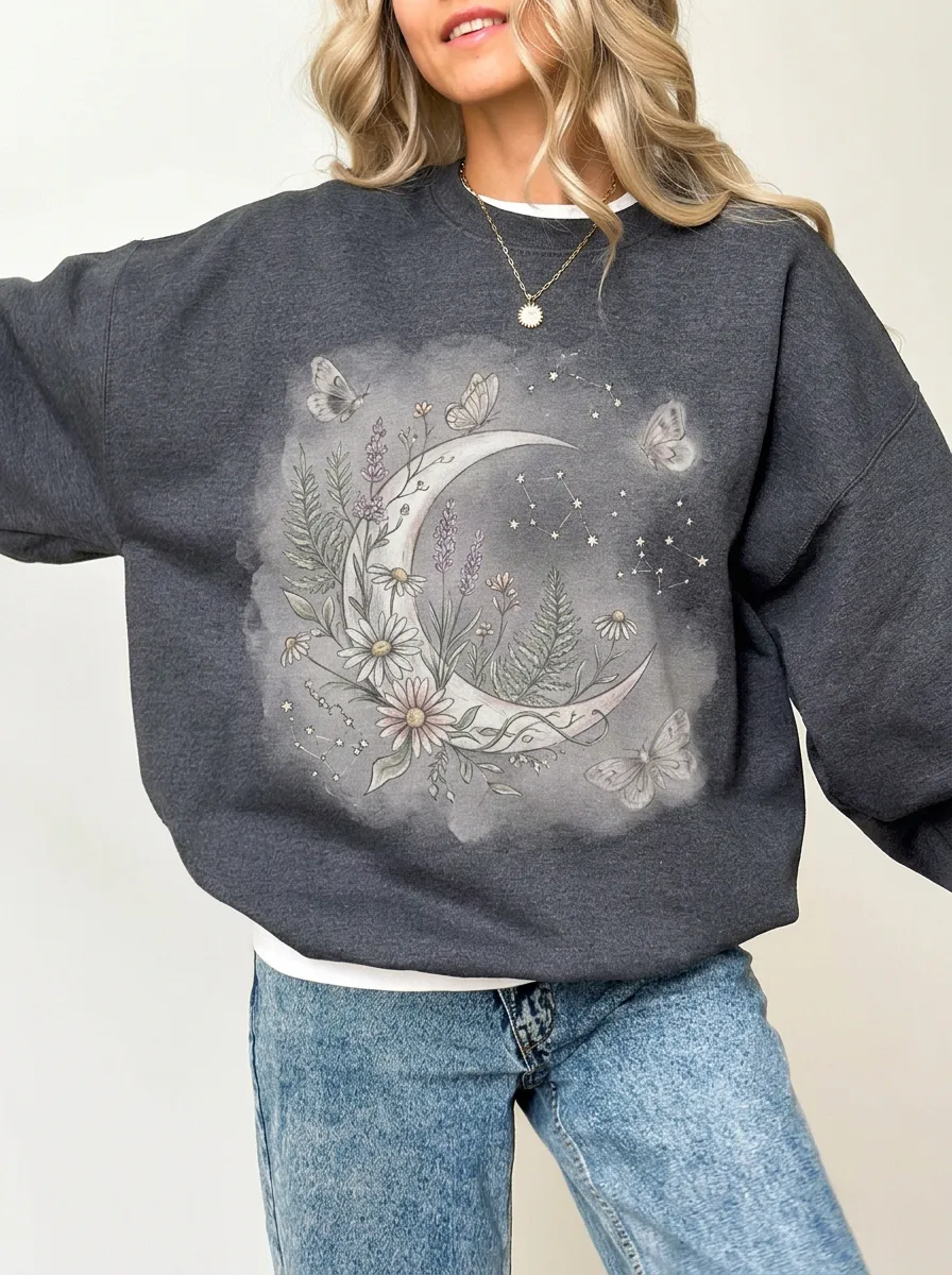 Women's Celestial Floral Moon Butterfly Graphic Sweatshirt