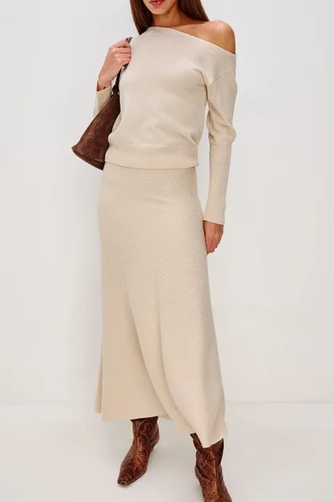 Women's Beige Off Shoulder Long Sleeve Sweater