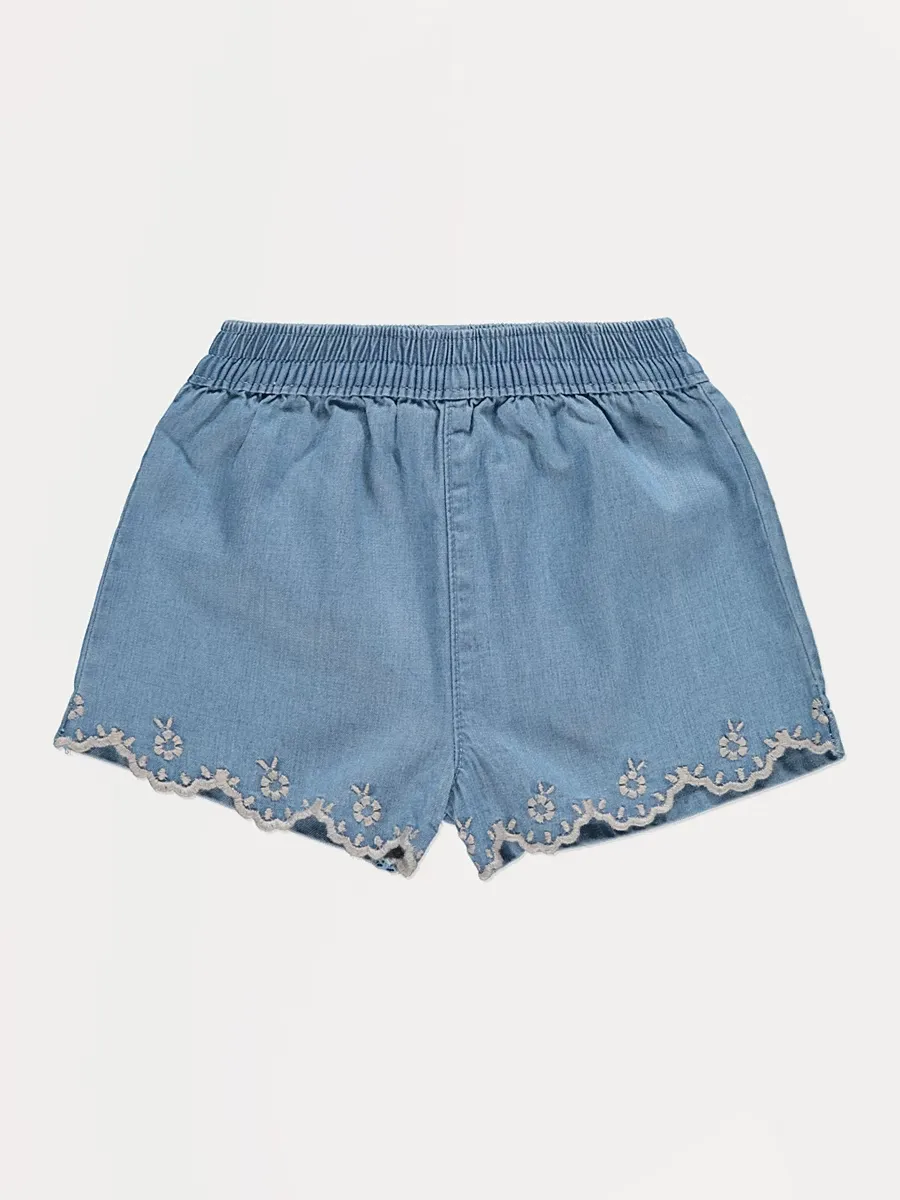 Denim Embroidered Trim Shorts
