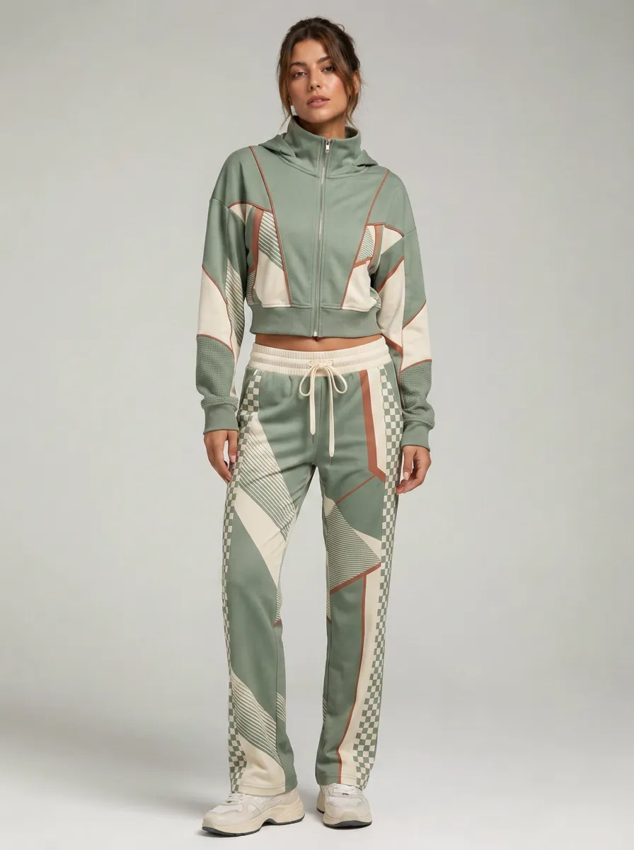 Women's Sage Green Geometric Checkerboard Printed Tracksuit