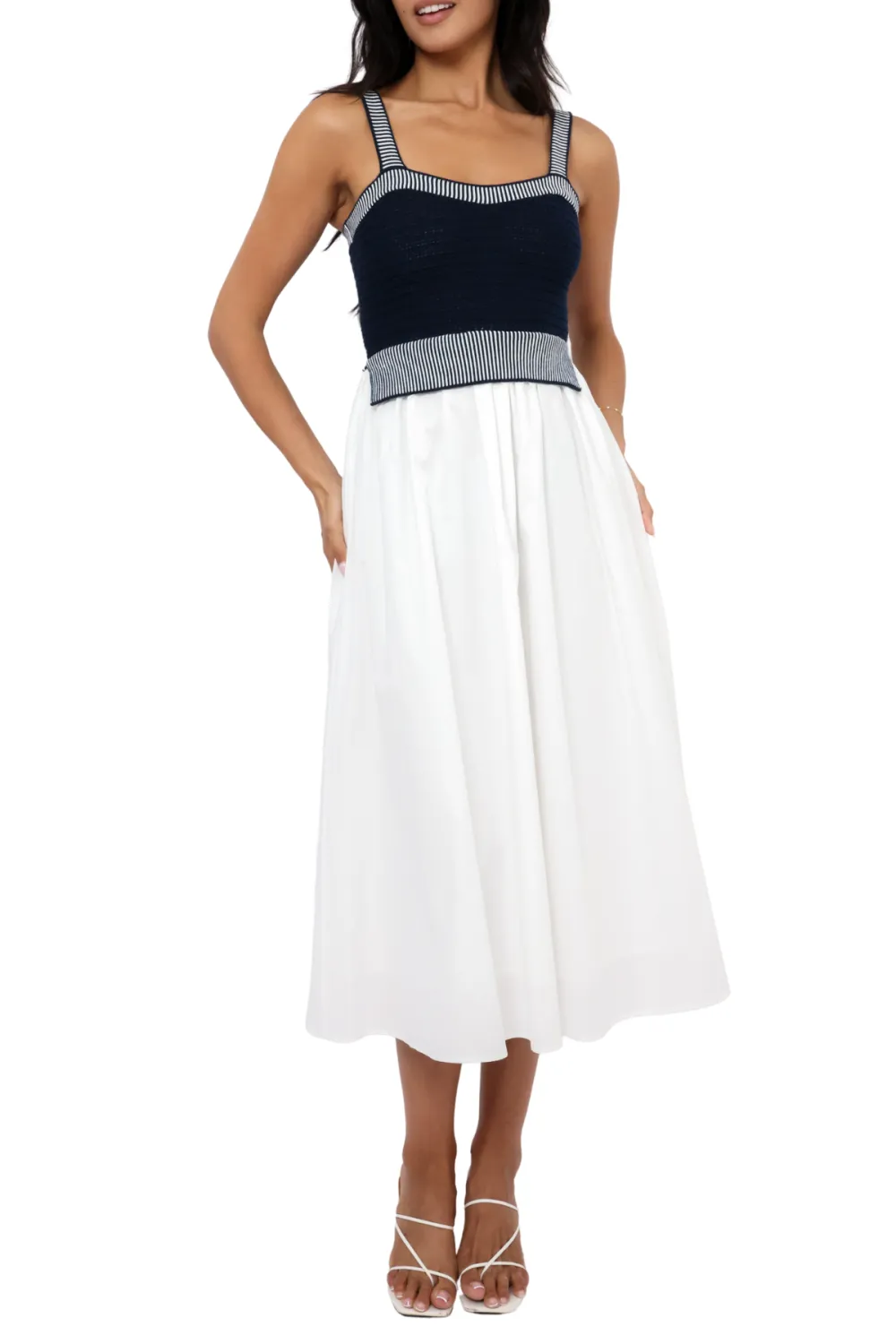 Sleeveless Mixed Media Striped Midi Dress