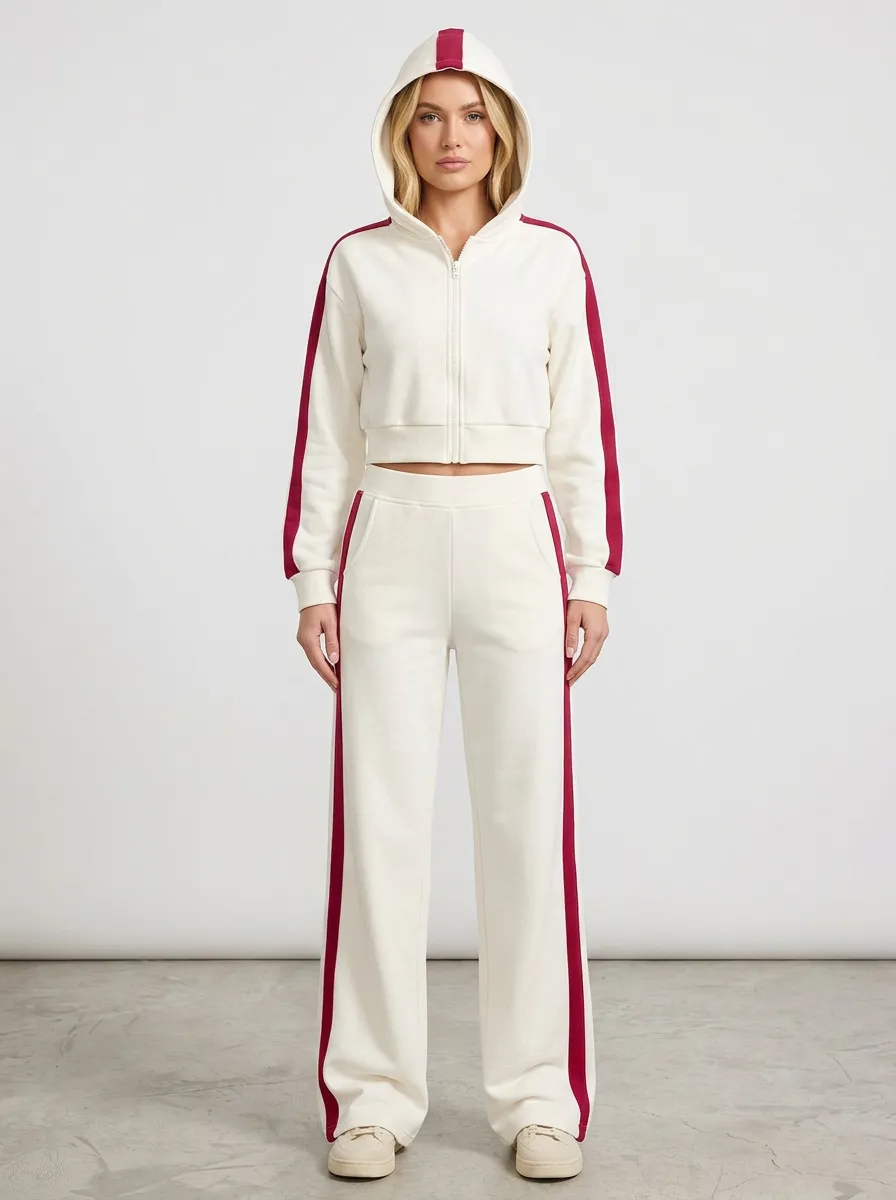 Women's Contrast-Stripe Zip-Up Hoodie & Wide-Leg Pants Ribbed-Trim Side-Stripe Set