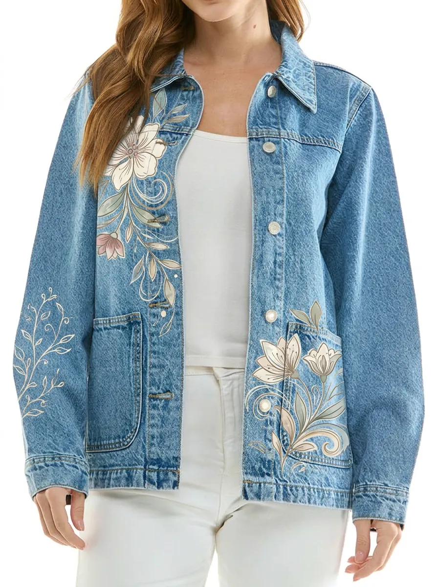 Women's Floral Lover Vintage Style Printed Denim Jacket