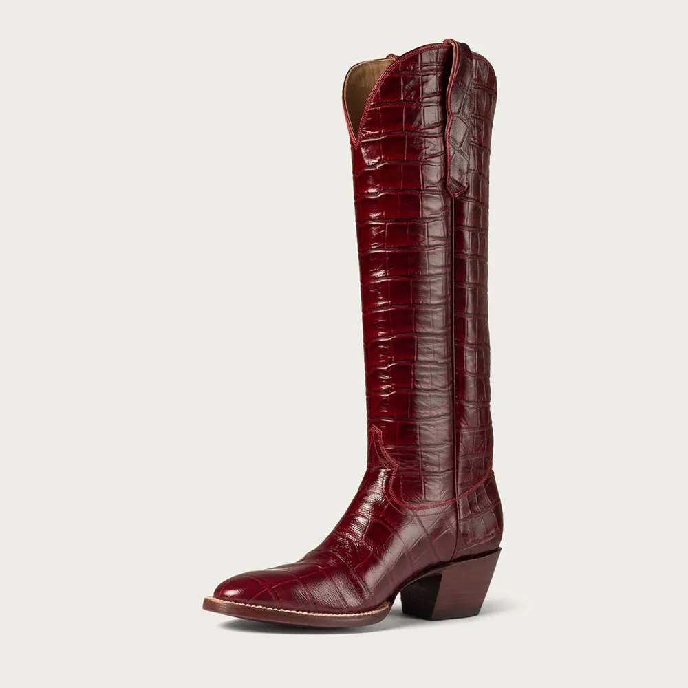 Faux-Leather Crocodile-Embossed Round-Toe Chunky-Heel Knee-High Boots