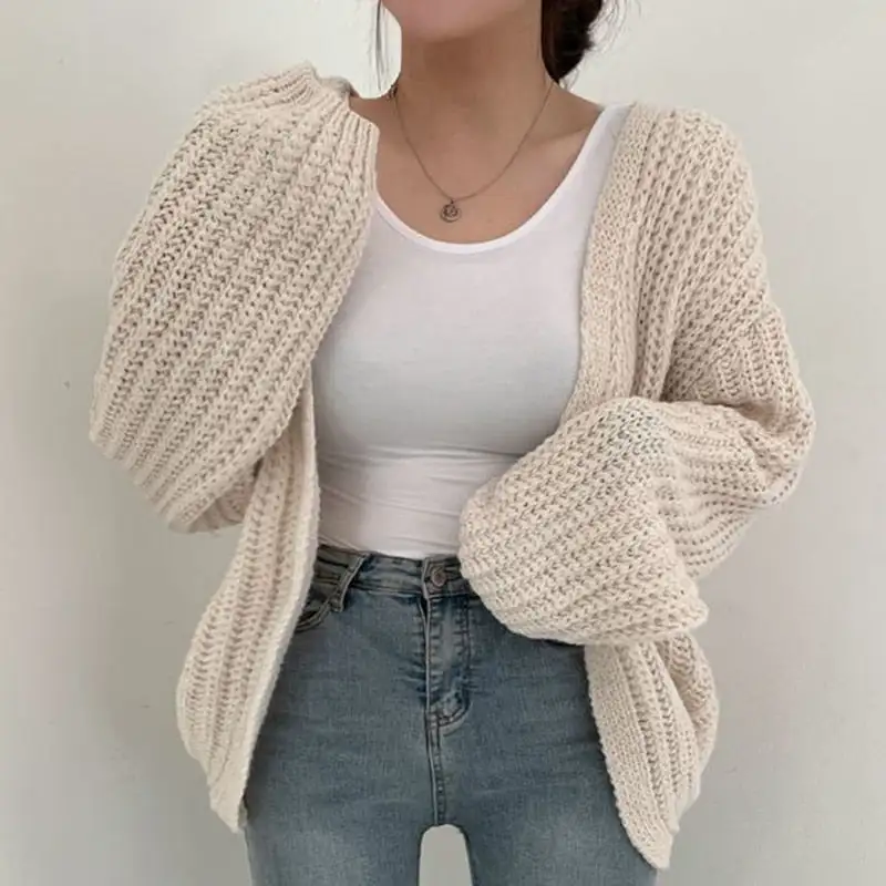 Oversized Chunky Knit Cardigan Balloon Sleeve Open Front Jumper