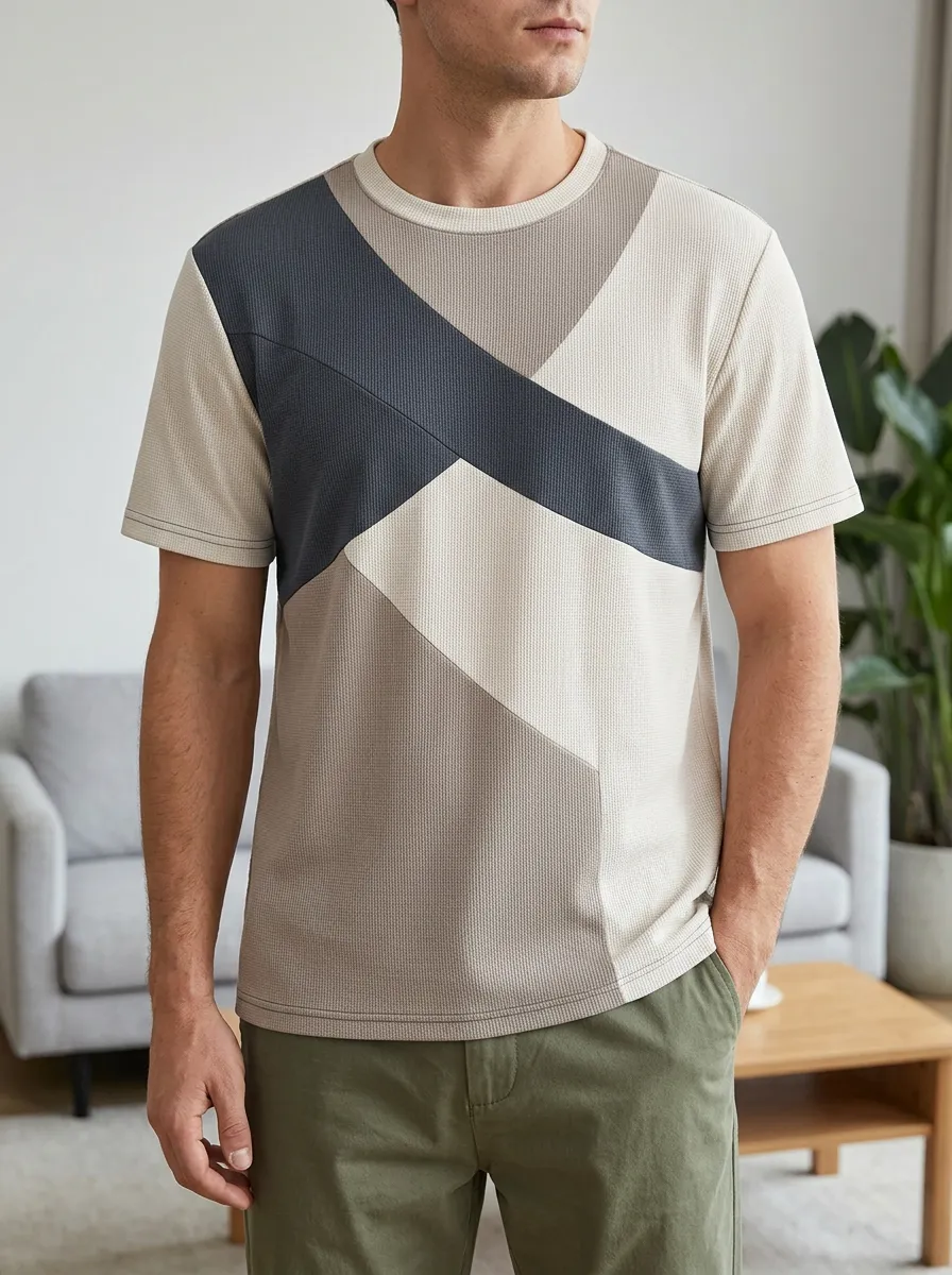 Men's Geometric Colorblock Waffle Knit Everyday Crew Neck T-Shirt