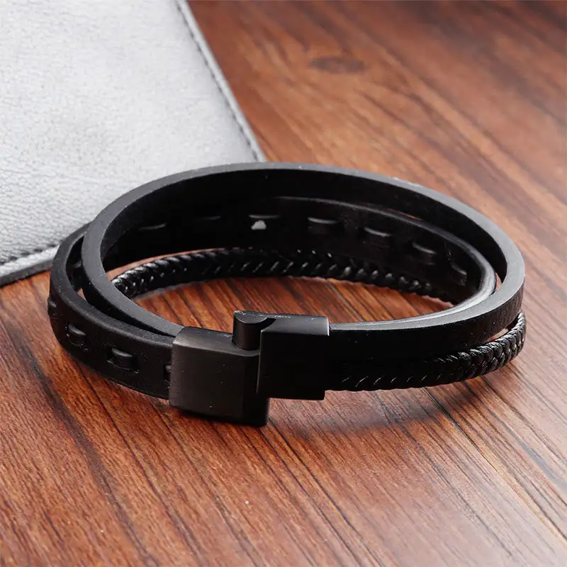 Titanium Steel Buckle Multilayered Braided Leather Bracelet
