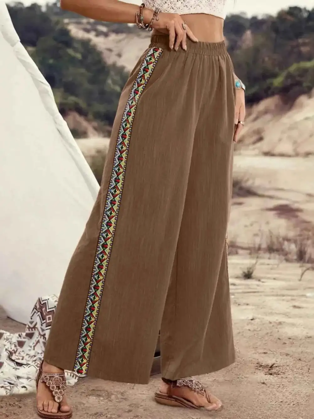 Bohemian Wide-Leg Embroidered Side Stripe Pants