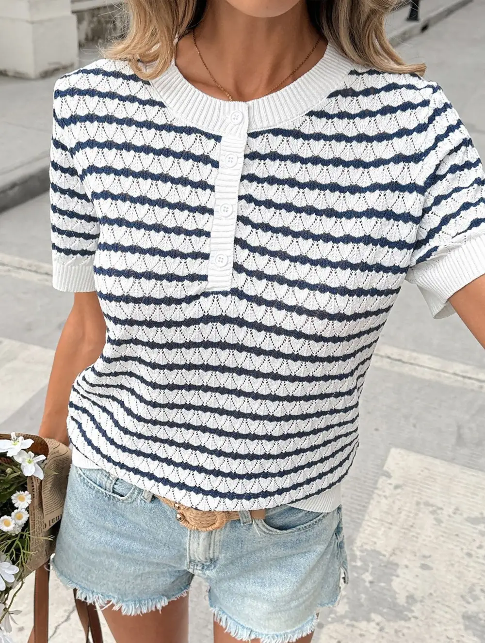 Knit Half Button Loose Tee