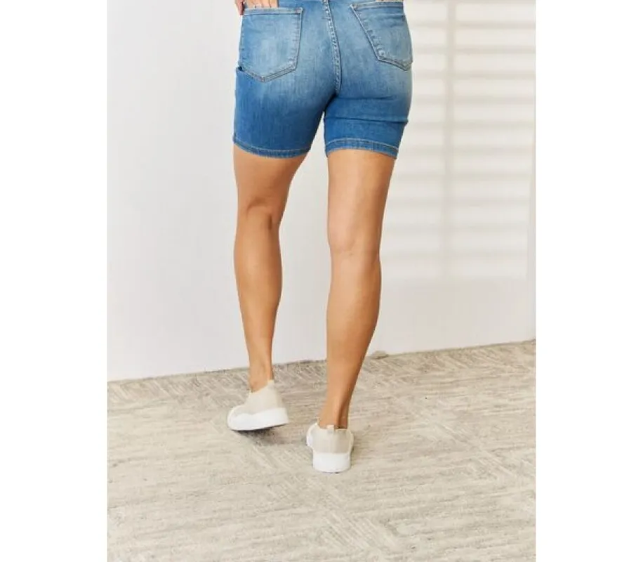 Plus Size Tummy-Control Double Button Bermuda Denim Shorts