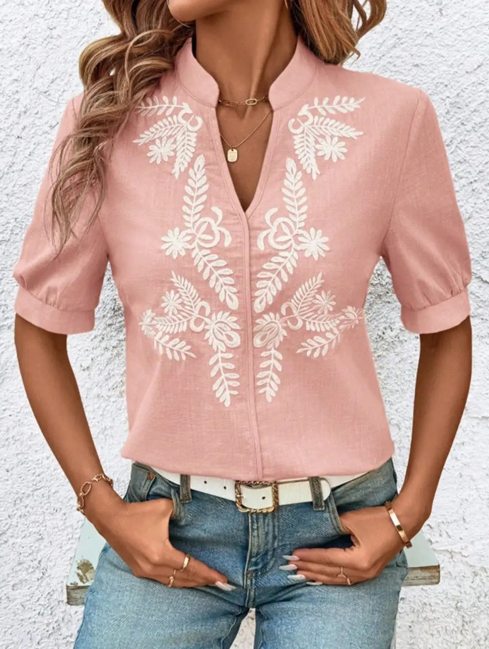 Everyday V Neck Embroidered Blouse