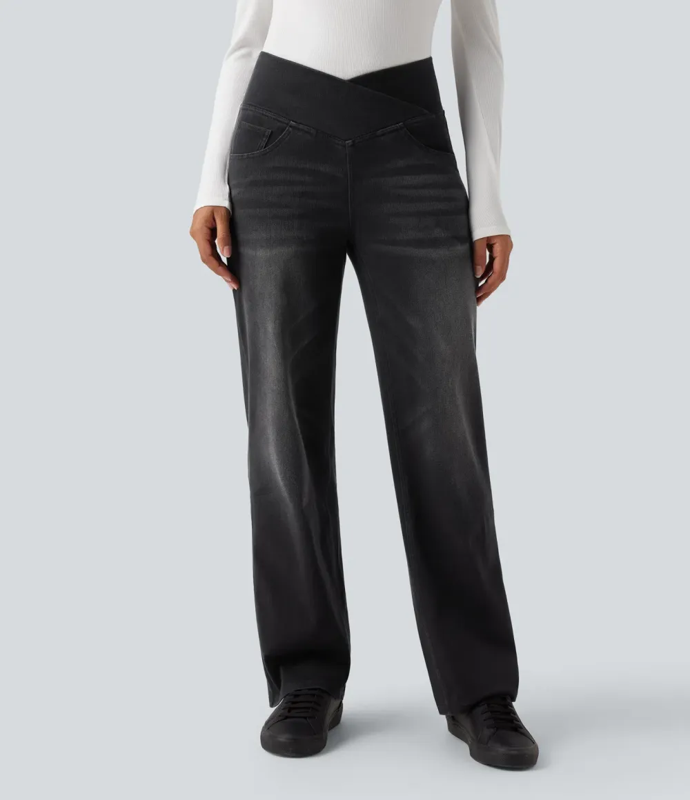 High-waisted, relaxed, crossover straight-leg jeans with  pockets