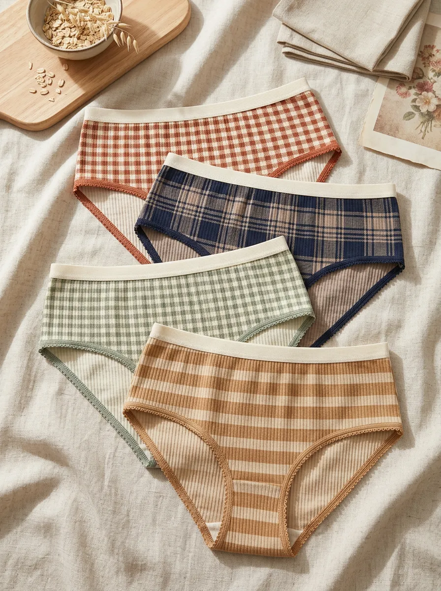 Women's Ribbed Plaid Printed Vintage 4-Pack Panty Set