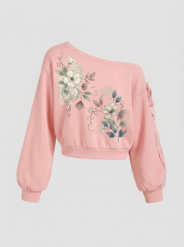 Women's Floral Botanical Watercolor Printed Off-shoulder Sweatshirt