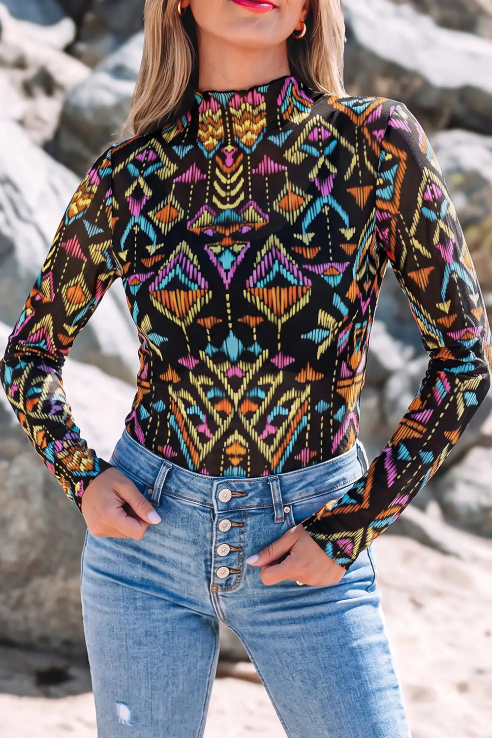 Western Print Stand Neck Mesh Stretch Fabric Long Sleeve Top