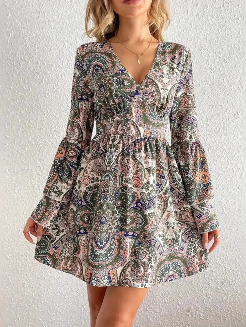 Paisley Printed Bell Sleeve Mini Dress