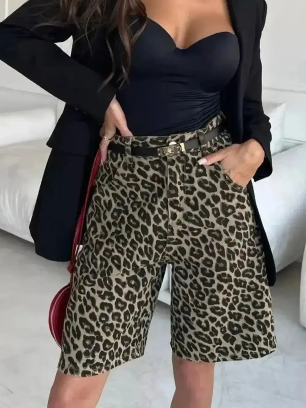 Leopard Print High Waisted Casual Shorts