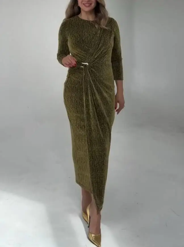 Shiny Pleated Tailored Midi Dress