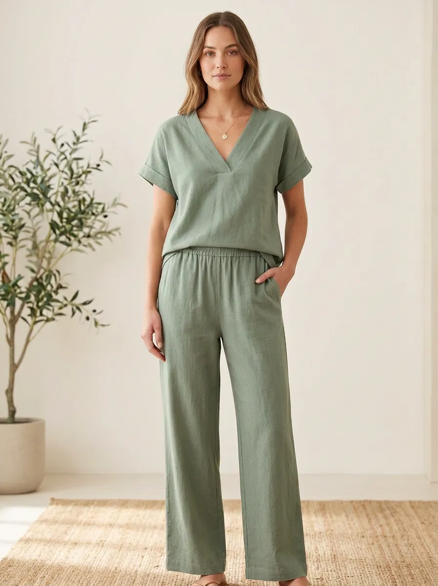 Refined Ribbed Women's V-Neck Casual Lounge Set