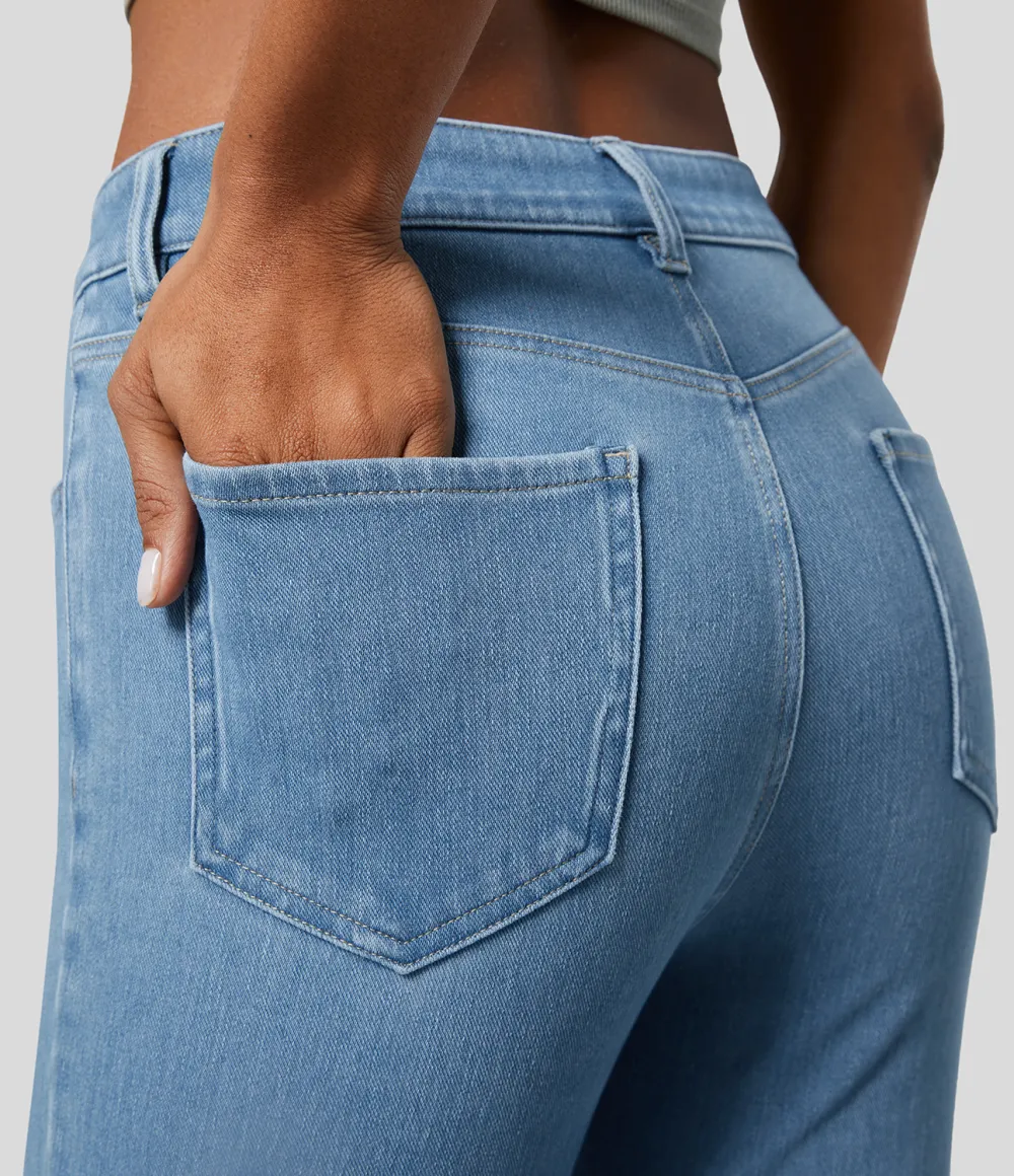 Magic Mid Rise Button Pockets Stretchy Knit Casual Bootcut Jeans