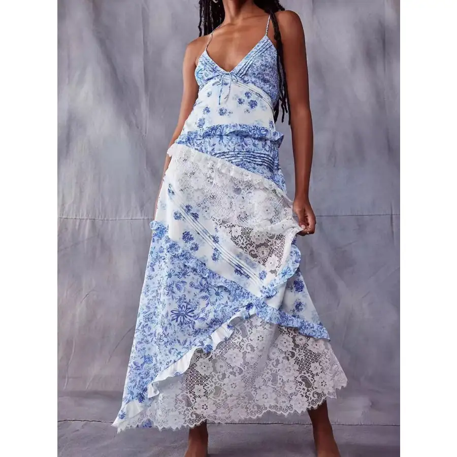 Lace Detail Ruffled Floral V Neck Maxi Dress